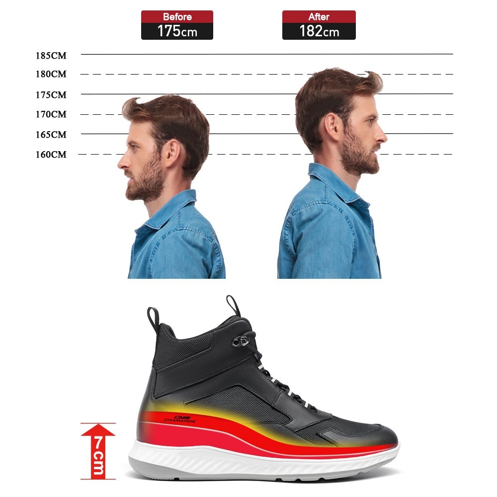 STRIDE Taller Sneakers - Sneakers Increase Height - Black High-Top Breathable Mesh Men Casual Shoes 7 CM / 2.76 Inches