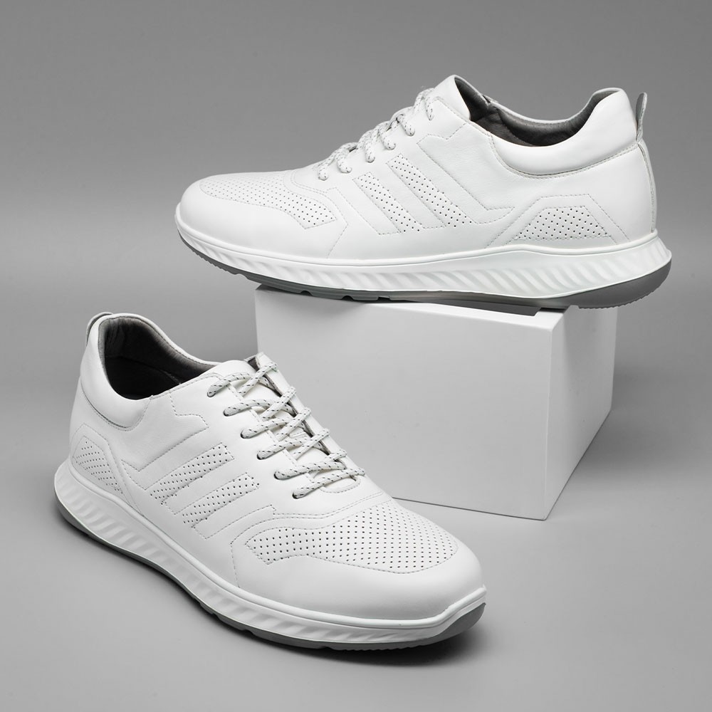 STRIDE Elevator Sneakers - Mens Taller Shoes - Breathable Leather White Sneakers To Increase Height 6 CM / 2.36 Inches