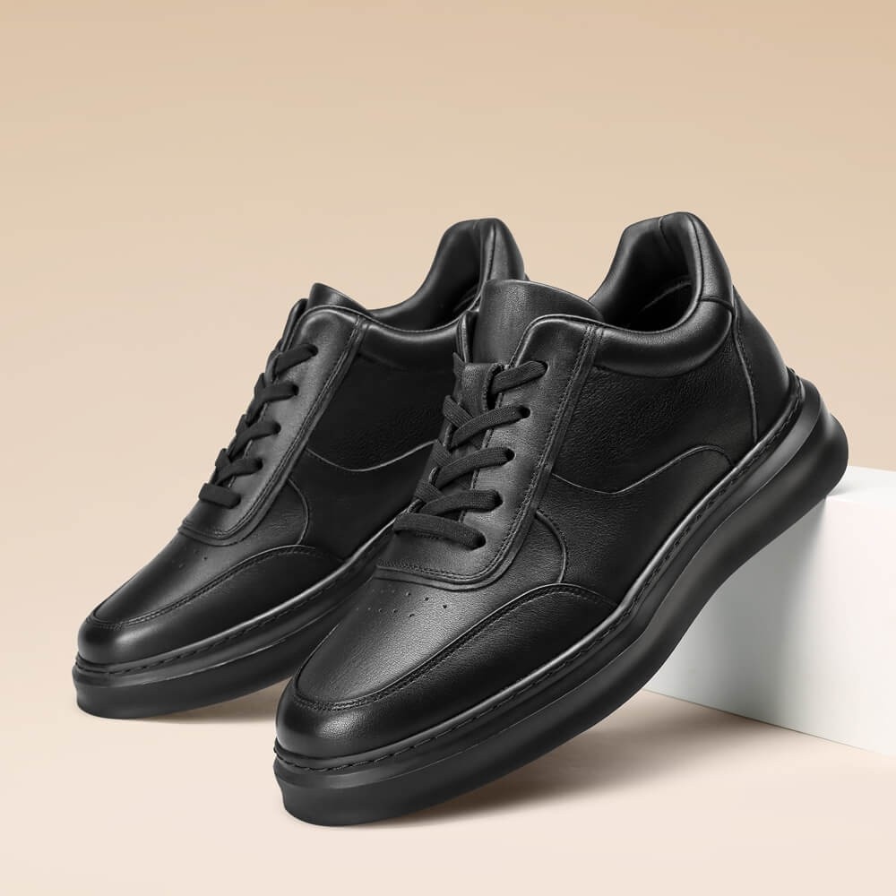 STRIDE Taller Sneakers - Mens Elevator Shoes - Black Leather Casual Sneakers 6cm / 2.36 Inches