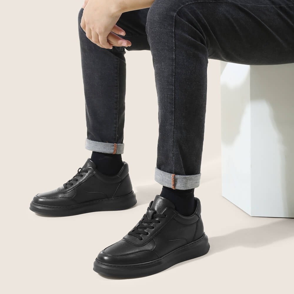 STRIDE Taller Sneakers - Mens Elevator Shoes - Black Leather Casual Sneakers 6cm / 2.36 Inches