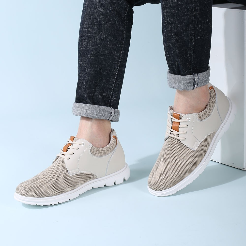 STRIDE Men Elevator Shoes Beige Mesh Casual Shoes For Short Men That Make You 7CM / 2.76 Inches Taller