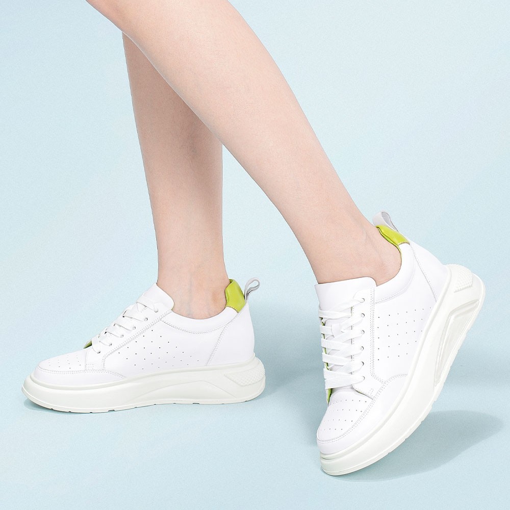 STRIDE Women Elevator Shoes - Wedge Sneakers For Ladies - White Leather Sneakers For Women 6 CM / 2.36 Inches