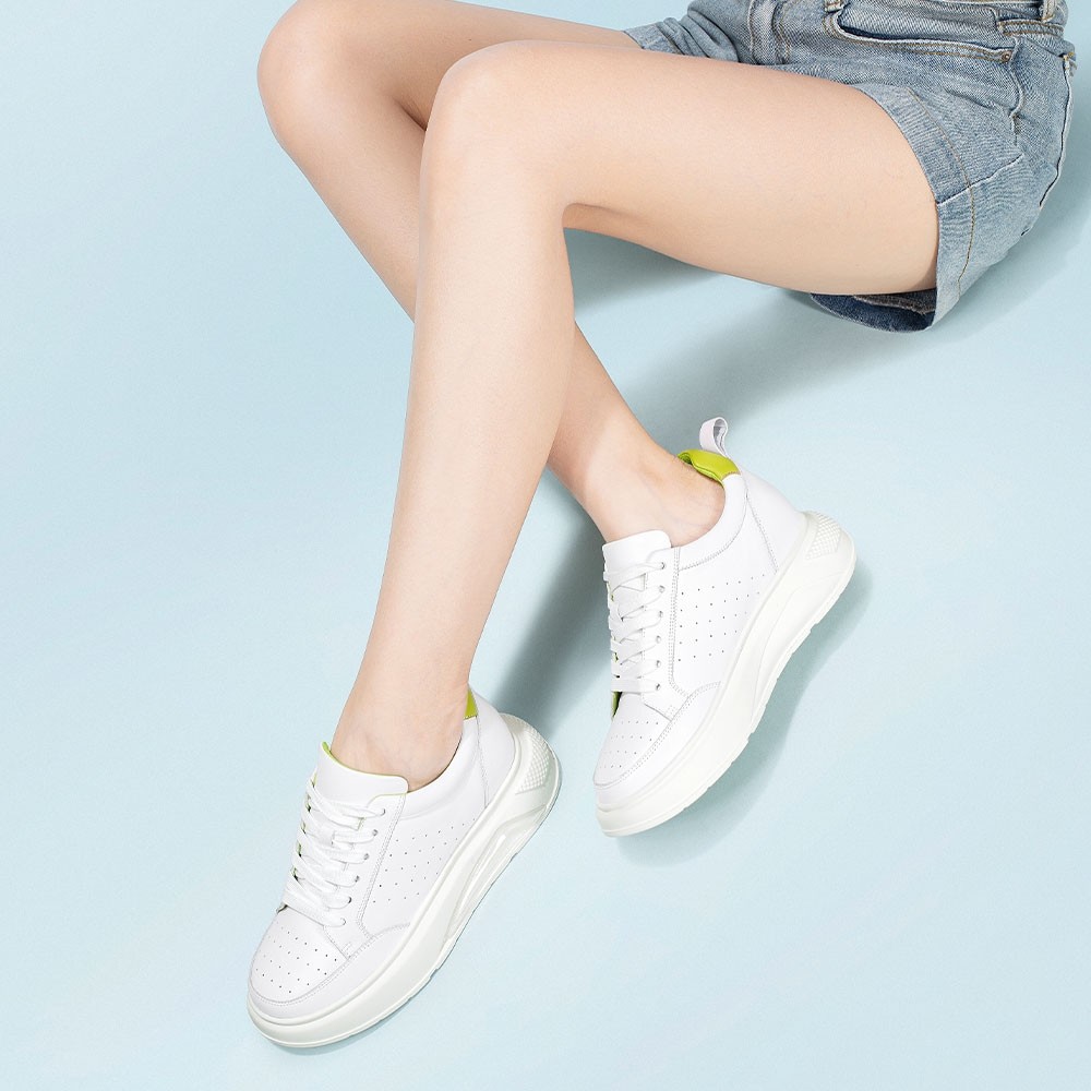 STRIDE Women Elevator Shoes - Wedge Sneakers For Ladies - White Leather Sneakers For Women 6 CM / 2.36 Inches