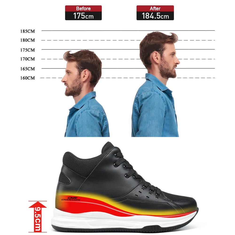 STRIDE Height Increasing Basketball Shoe Black High-Top Sneakers That Make You Taller 9.5 CM / 3.74 Inches