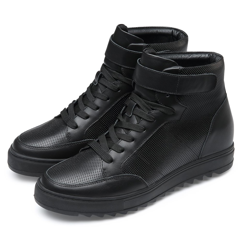 STRIDE Height Increasing Sneakers - Men Leather High Top Sneakers - Black - 7 CM / 2.76 Inches Taller
