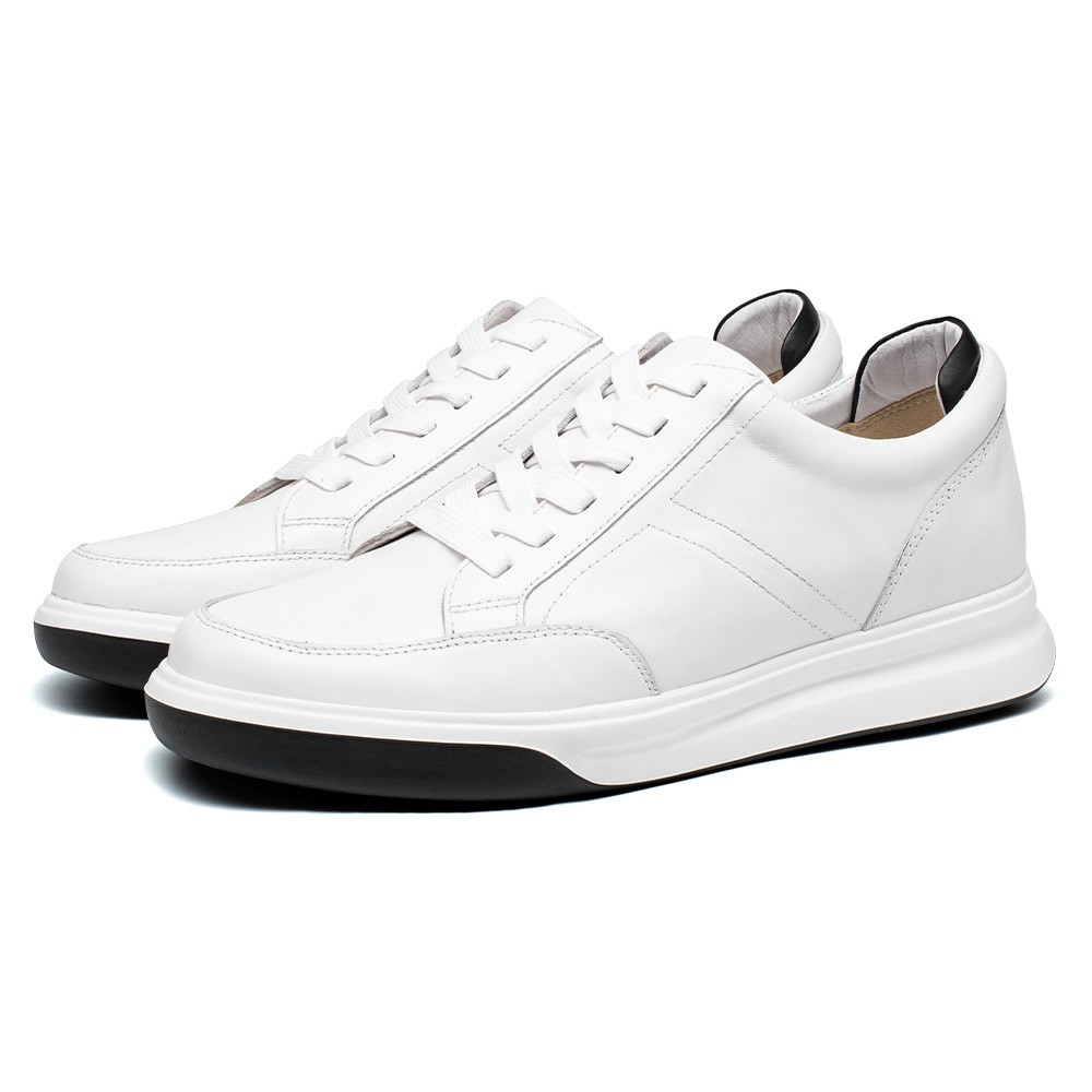 STRIDE Elevator Sneakers For Men - White Leather Hidden Heel Shoes - Sneaker To Increase Height 7CM / 2.76 Inches