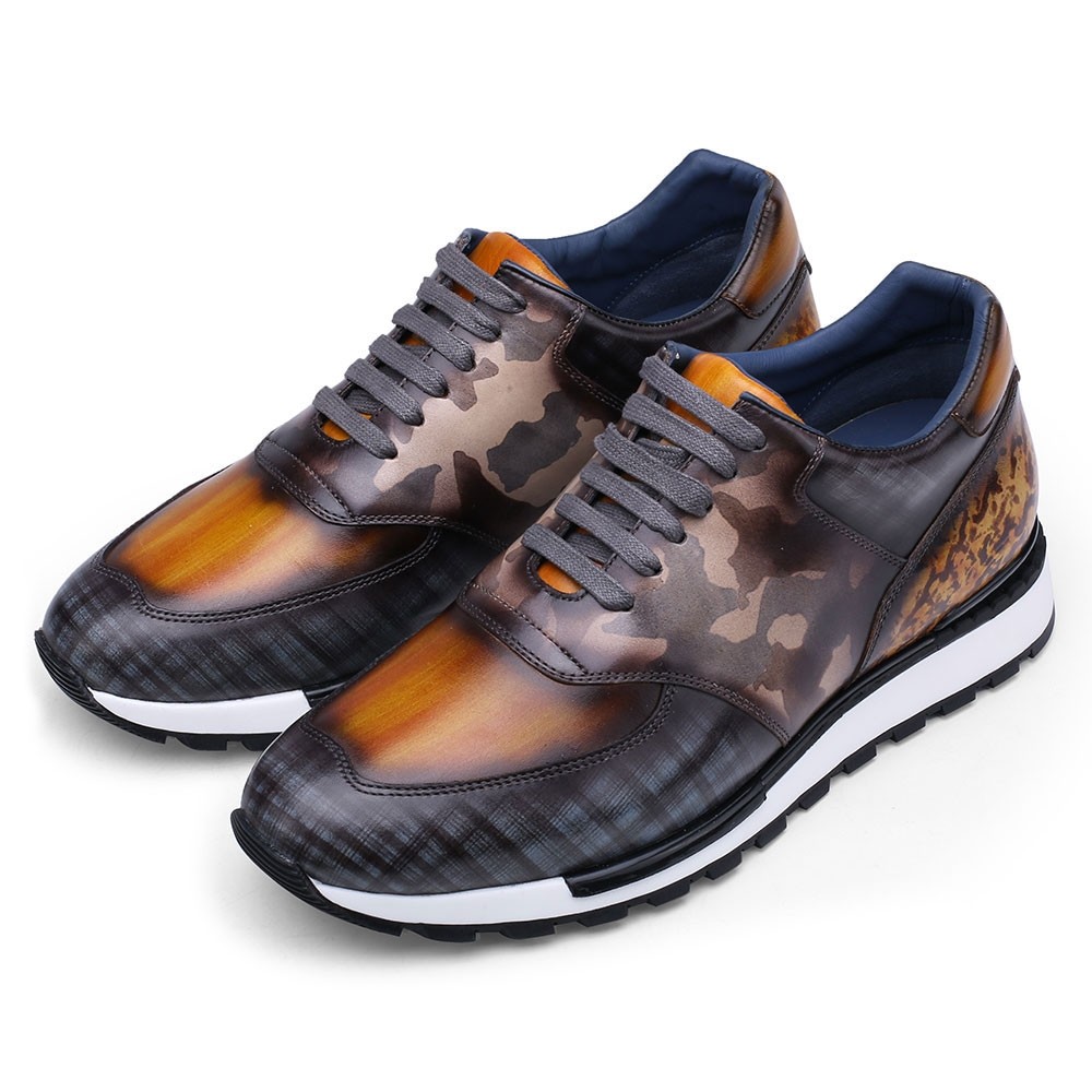 STRIDE Casual Tall Men Shoes - Hand Patina Elevator Sneaker - Multi-Colored Patina Leather Trainers 7CM /2.76 Inches (37)