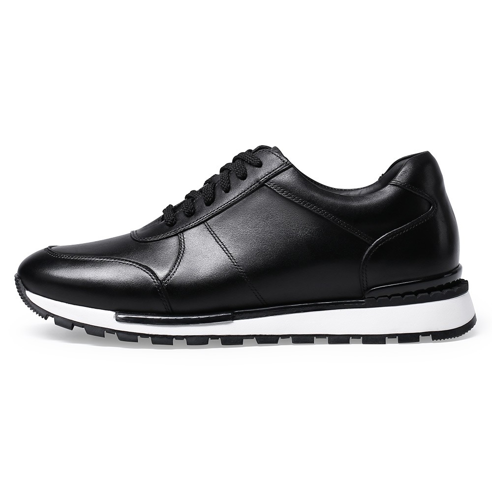 STRIDE Casual Elevator Shoes For Men - Leather Hand Painted Casual Shoes - Black - 6 CM/2.36 Inches Taller (37)