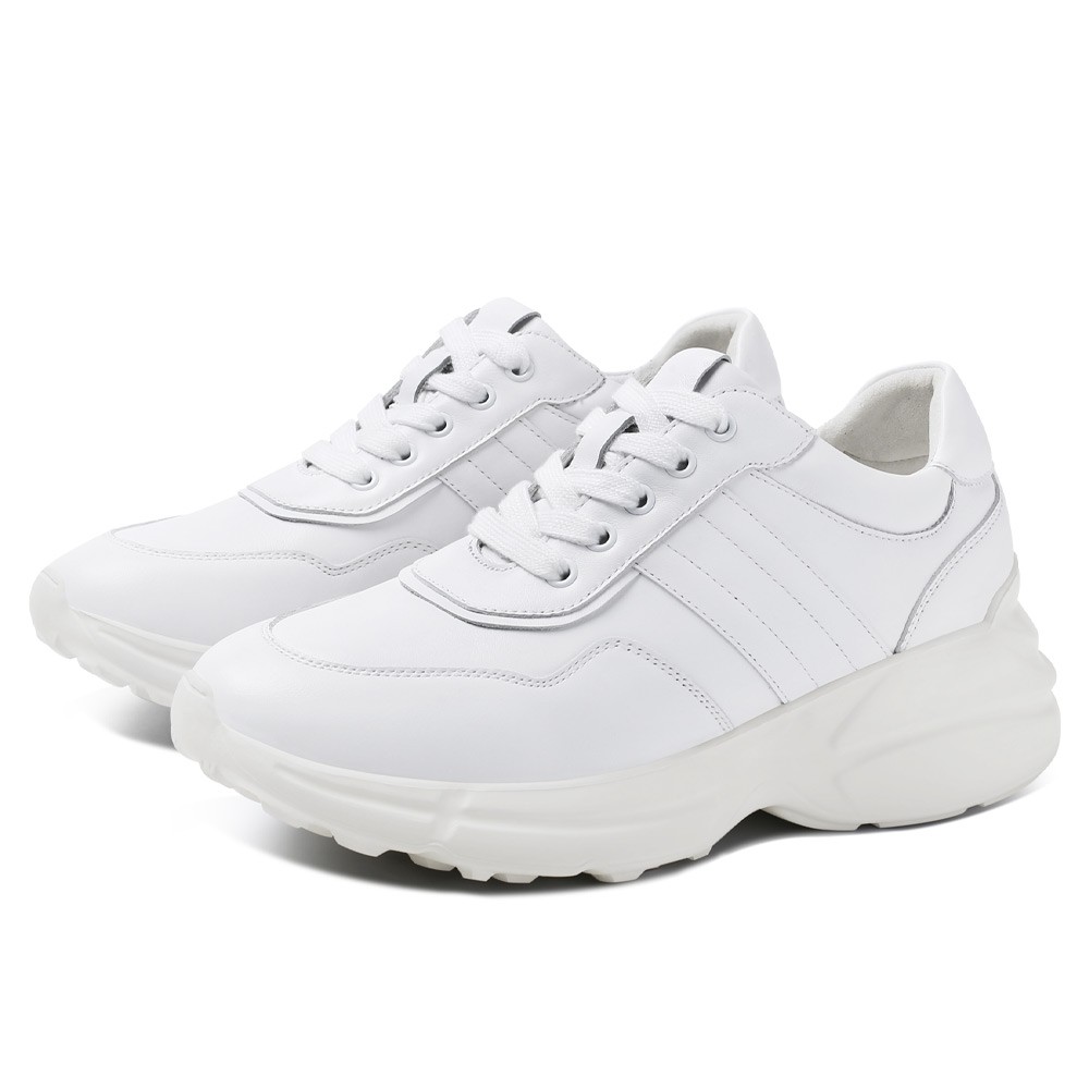 STRIDE Elevator Sneakers For Women - Casual Height Increasing Shoes - White Cowhide Leather Women Sneakers 6cm/ 2.36 Inches