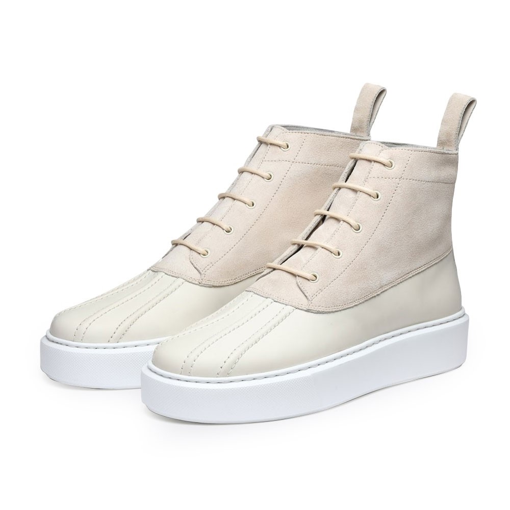 STRIDE - Women High Top Wedge Beige Suede Chunky Sneaker Boots -7CM / 2.76 Inches Taller-Black